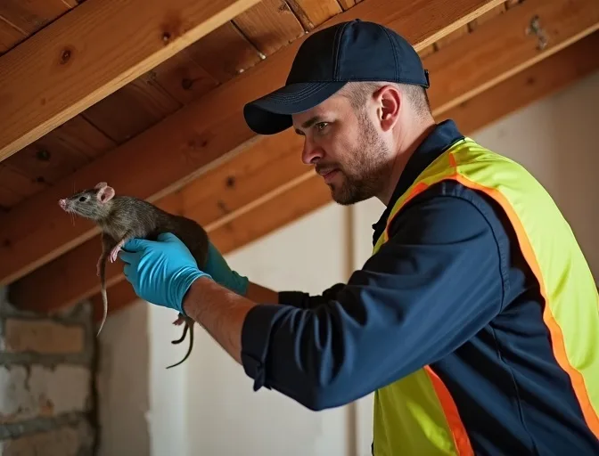 Technician inspecting a roof cavity for a dead rat in Mambourin